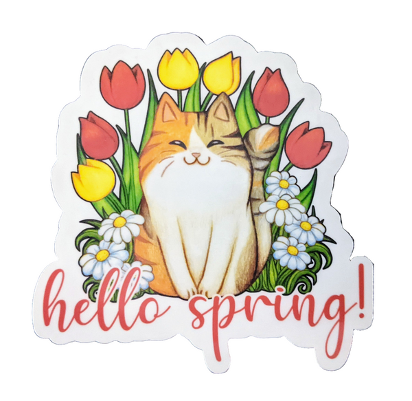 Hello Spring cat sticker - Made By Scratch Crafts