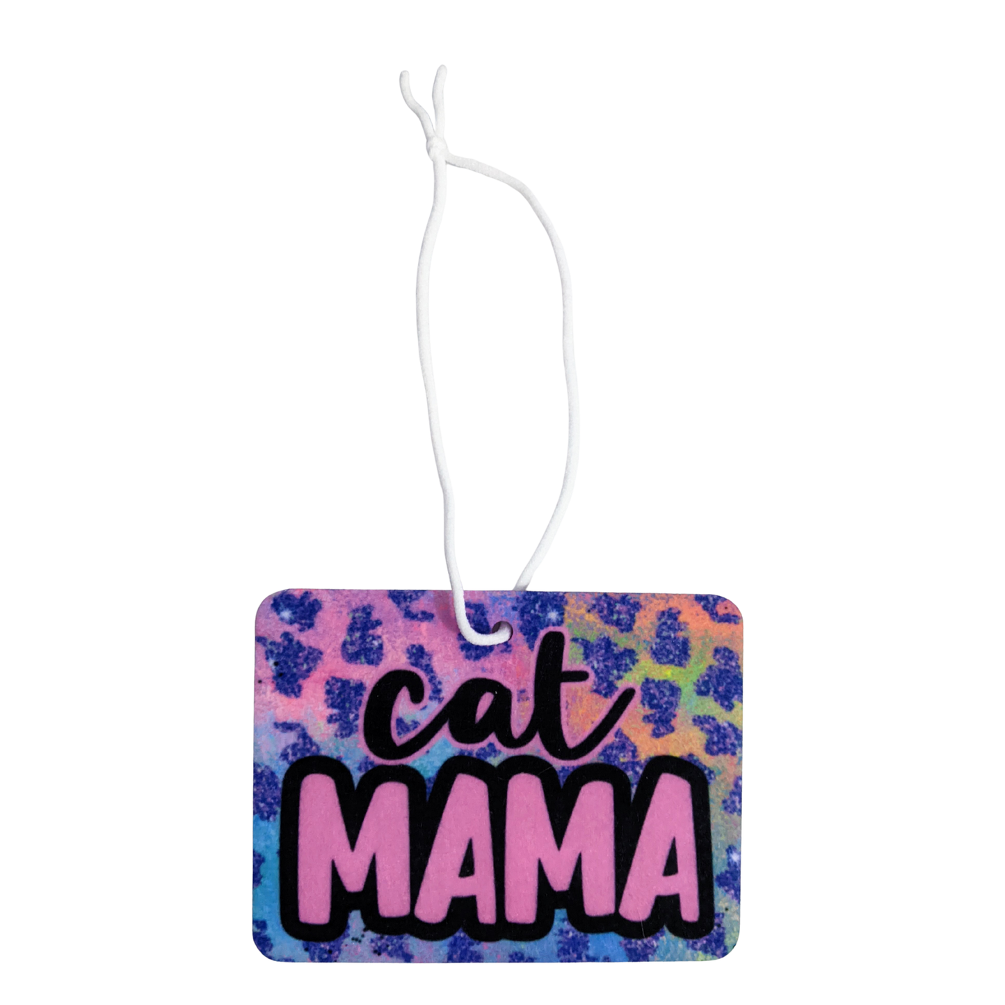 Air freshener with 'cat mama' text on a colorful background