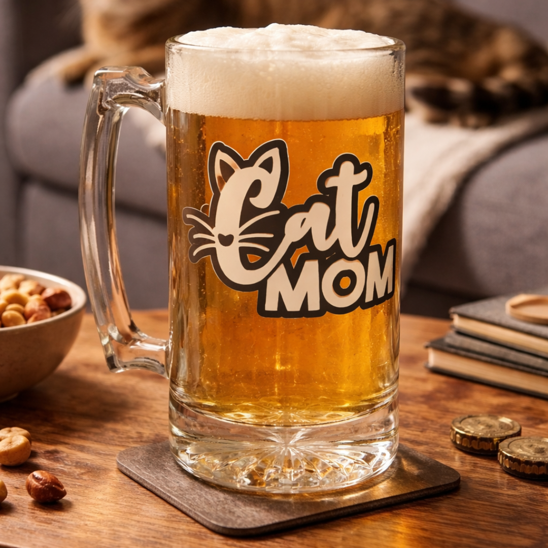 Glass mug with 'Cat Mom' design filled with beer on a wooden table.