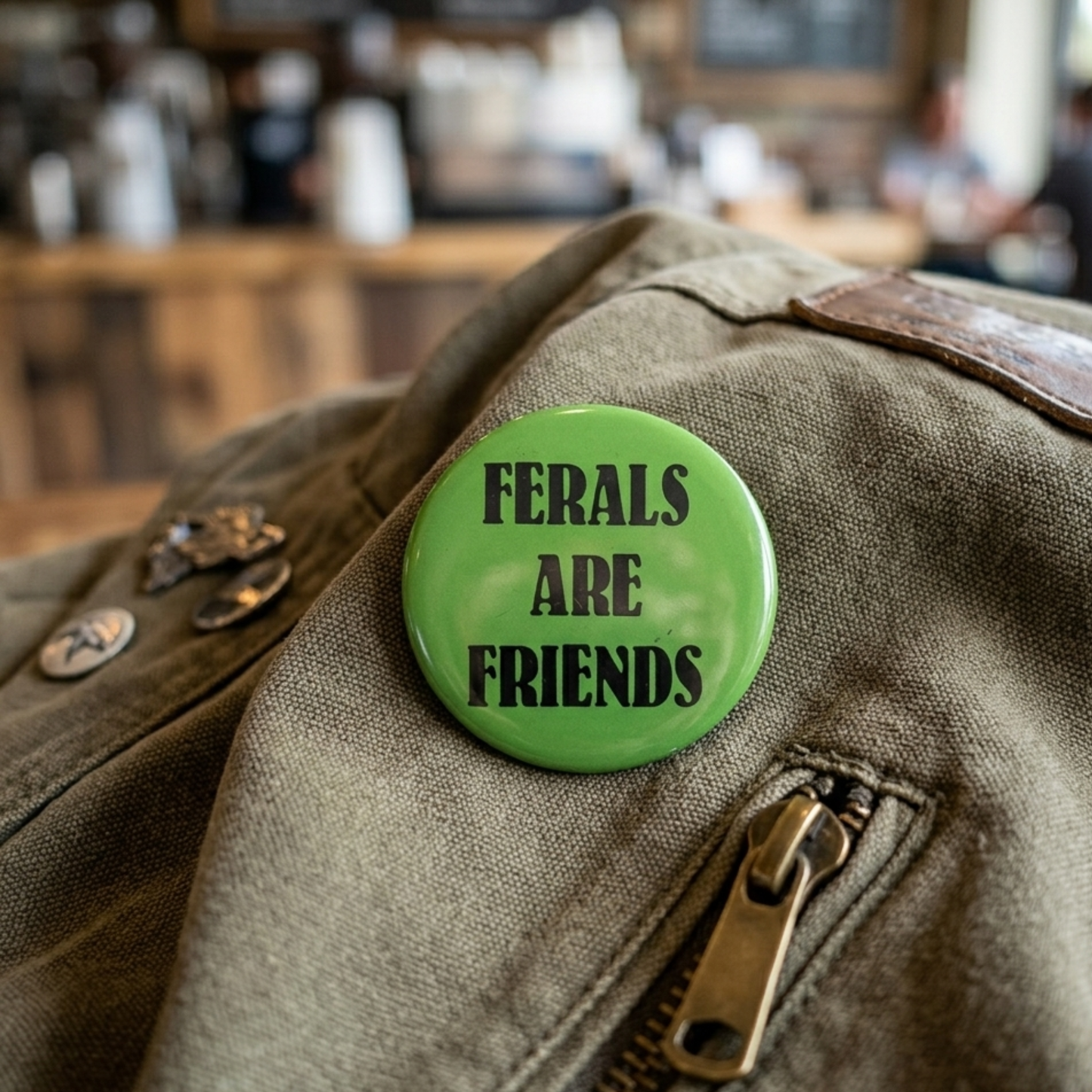 Green button with 'FERALS ARE FRIENDS' text on a brown bag in a blurred indoor setting