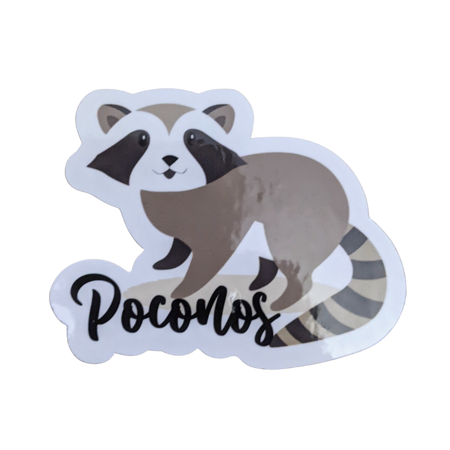 Sticker of a raccoon with 'Poconos' text on a white background