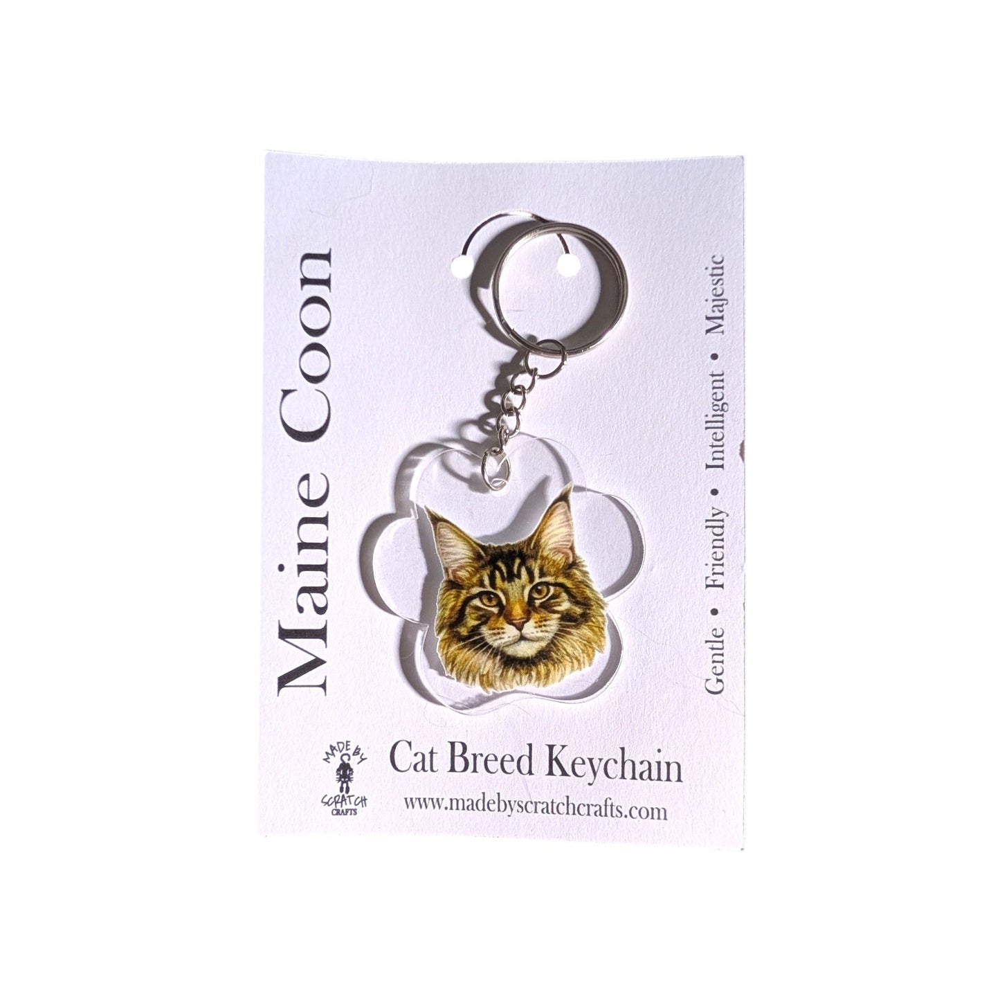 A Maine Coon cat breed keychain featuring an illustrated cat head inside a paw print outline, attached to a silver metal key ring and displayed on a white product card.