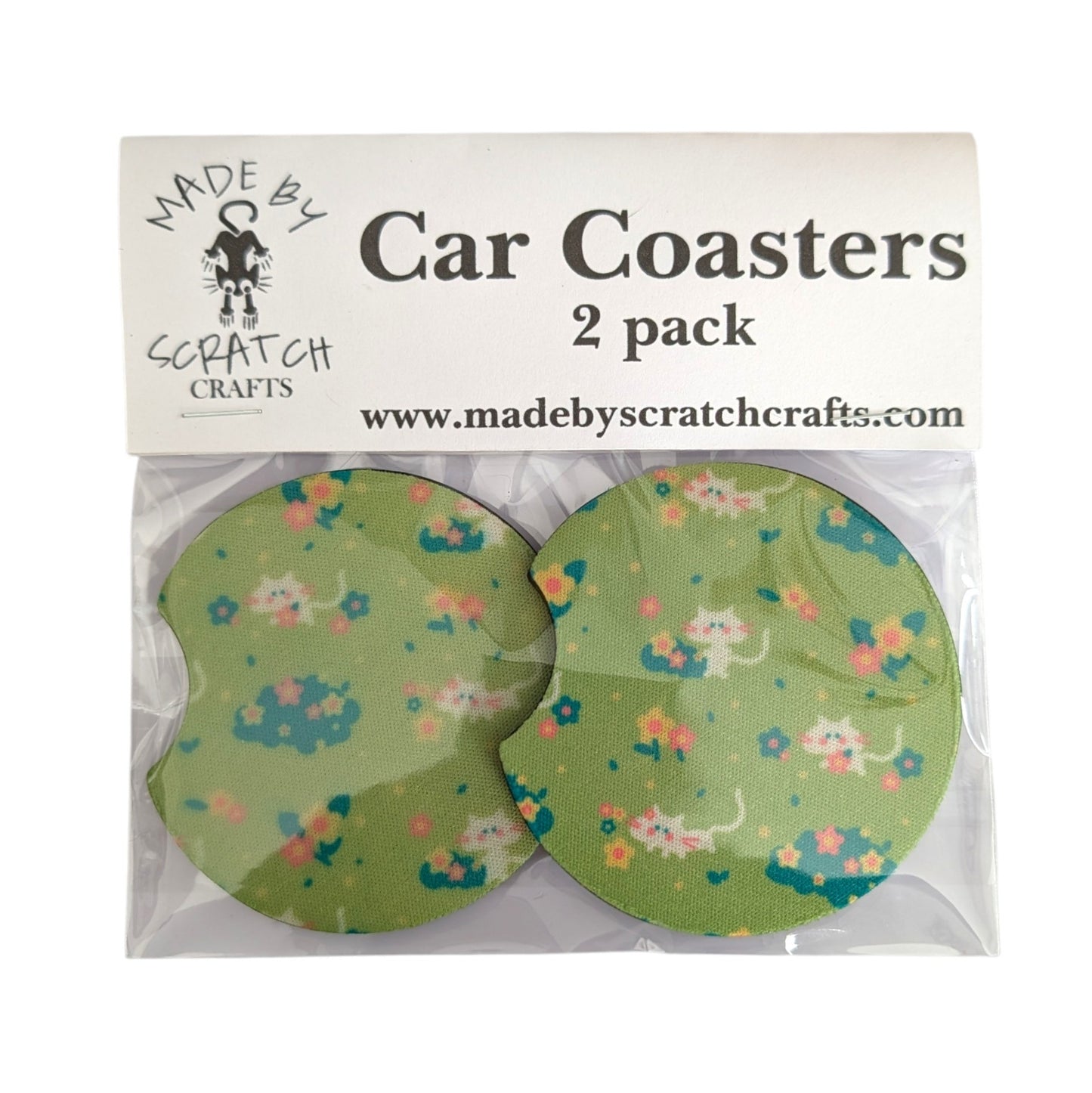 Pack of car coasters with floral design and white kitties on a white background