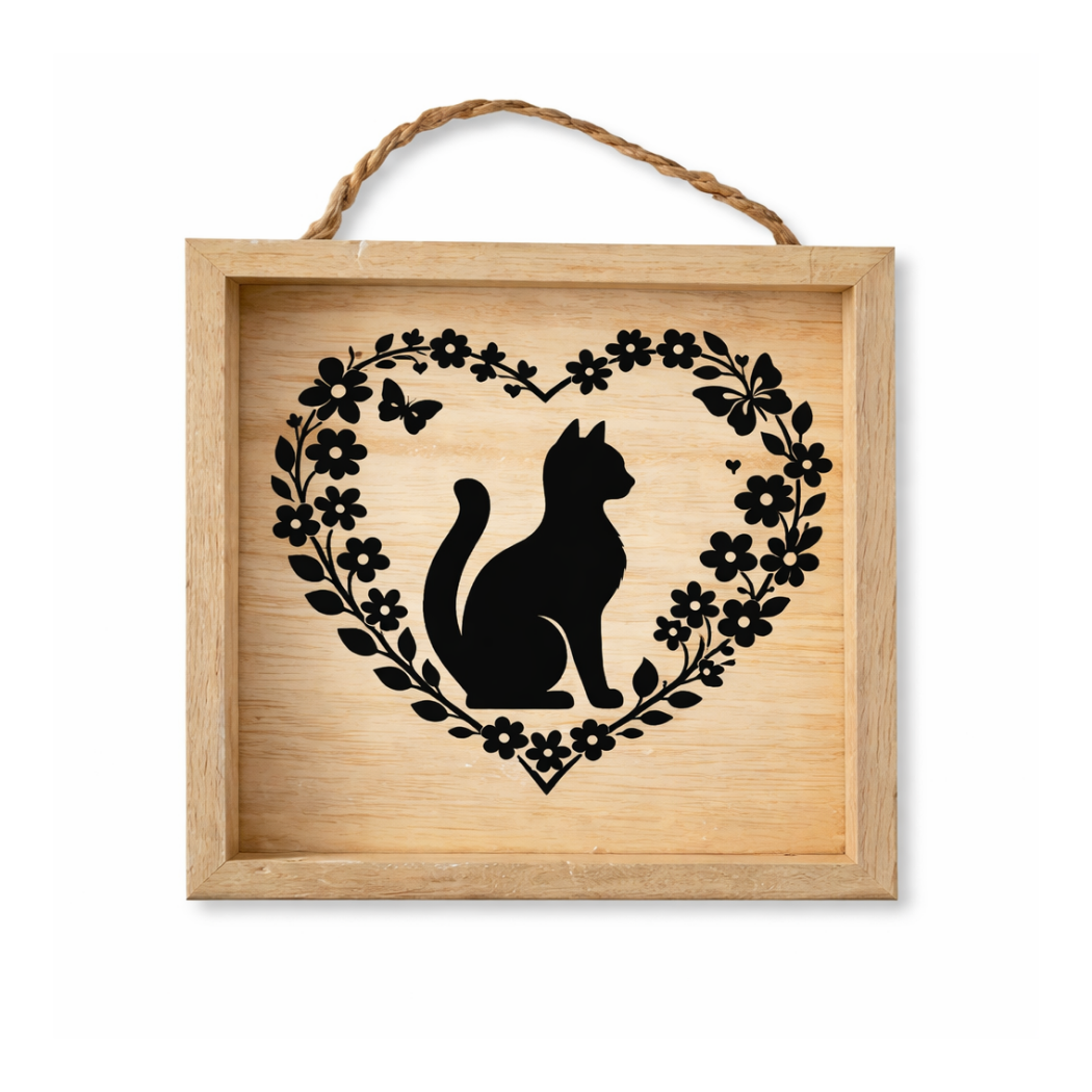 Wooden wall hanging with a black cat silhouette in a heart shape surrounded by flowers and leaves.