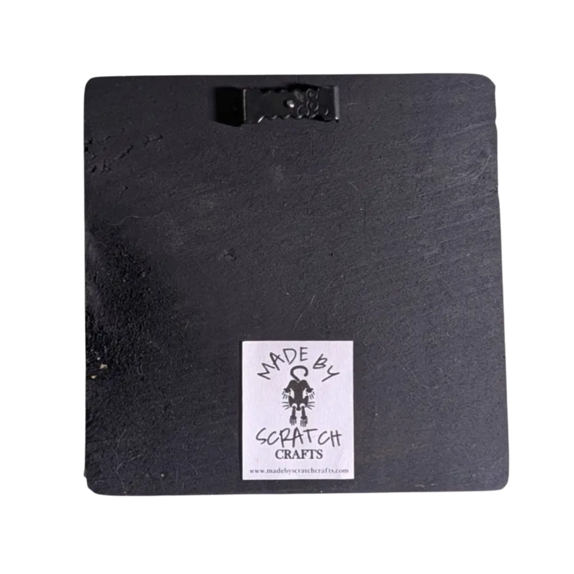 A square black wood board with rounded corners, featuring a small black metal hanger at the top and a white 'Made by Scratch Crafts' label, shown against a plain white background.