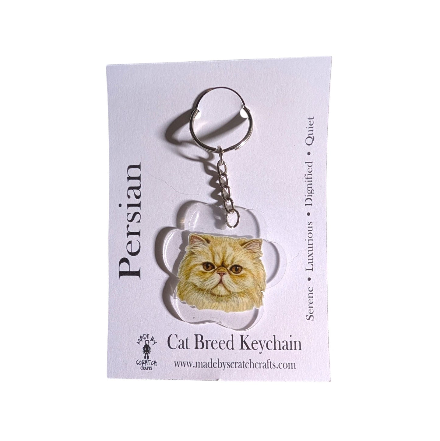A custom acrylic cat breed keychain featuring a portrait of a Persian cat inside a paw-shaped outline, attached to a silver split ring and displayed on its white backing card.