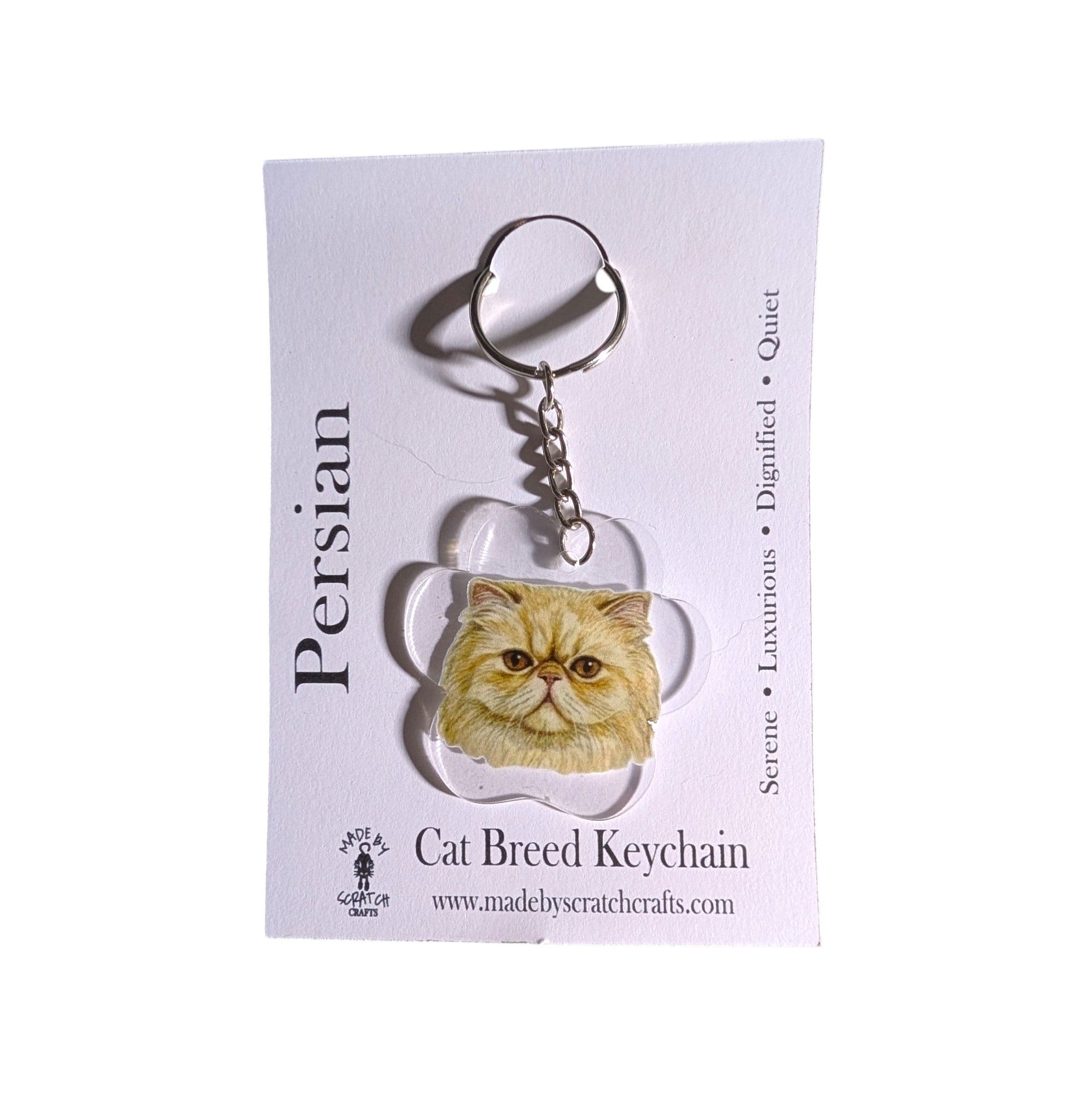 A custom acrylic cat breed keychain featuring a portrait of a Persian cat inside a paw-shaped outline, attached to a silver split ring and displayed on its white backing card.