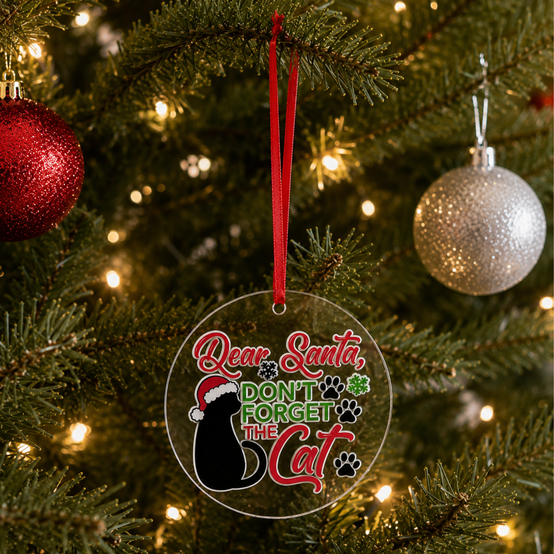 A clear round Christmas ornament hanging from a red ribbon on a decorated Christmas tree. The ornament features a black cat wearing a Santa hat and the text 'Dear Santa, DON'T FORGET THE Cat' in red and green lettering, surrounded by paw prints and snowflakes.