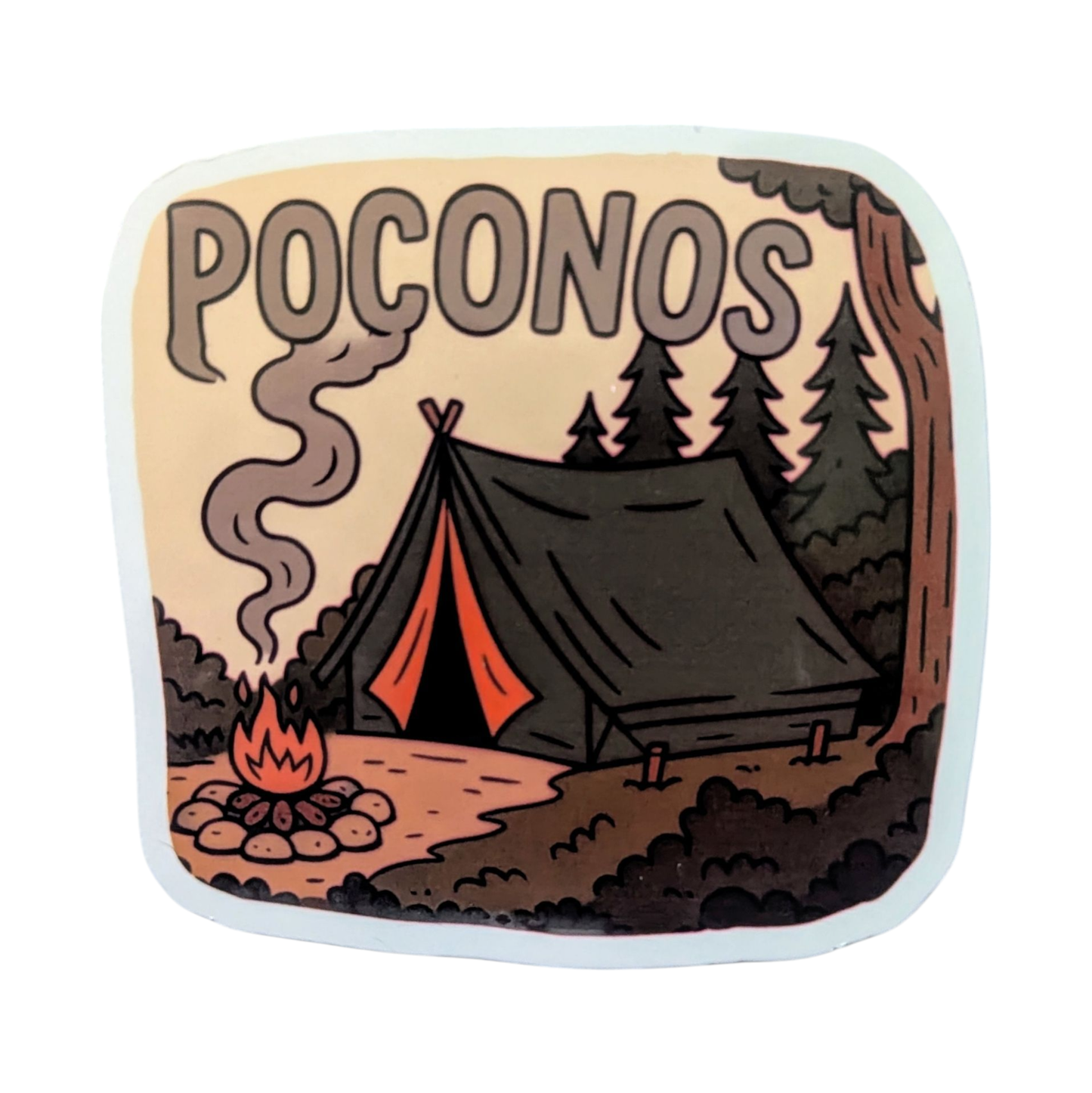 Sticker with camping scene and 'Poconos' text on a beige background