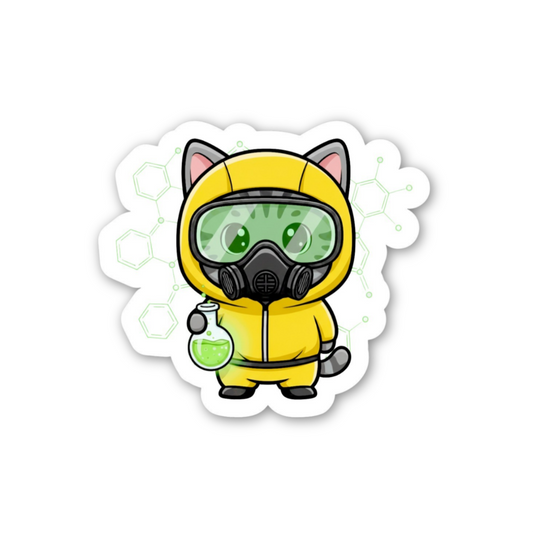 Sticker of a cat in a yellow hazmat suit holding a beaker on a white background