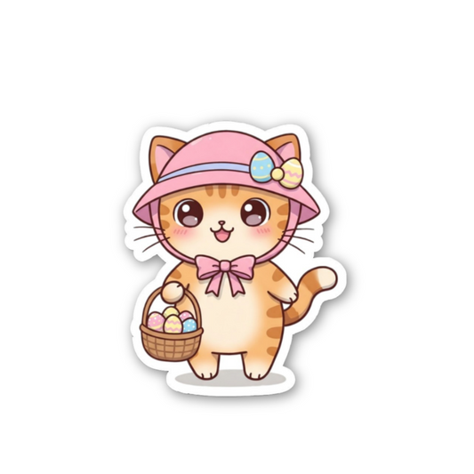 Cartoon cat in a pink hat with Easter eggs on a white background