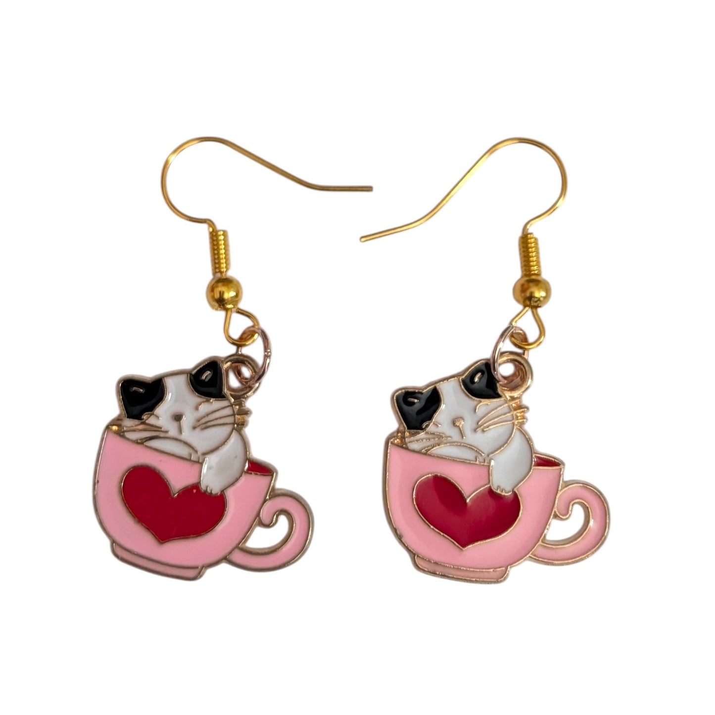 Cat in Teacup Earrings | Valentine Cat Dangle Earrings