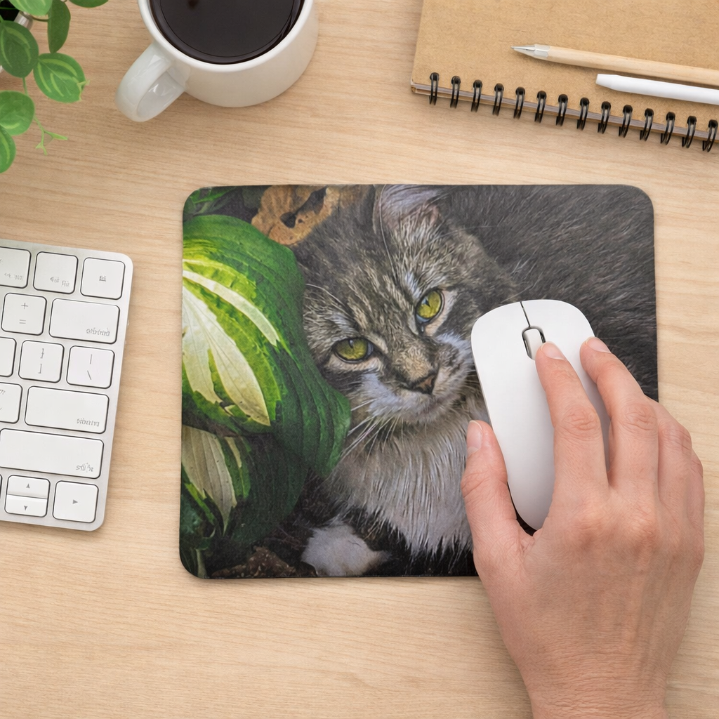 Mouse pad with a cat design on a desk with a hand using a mouse.