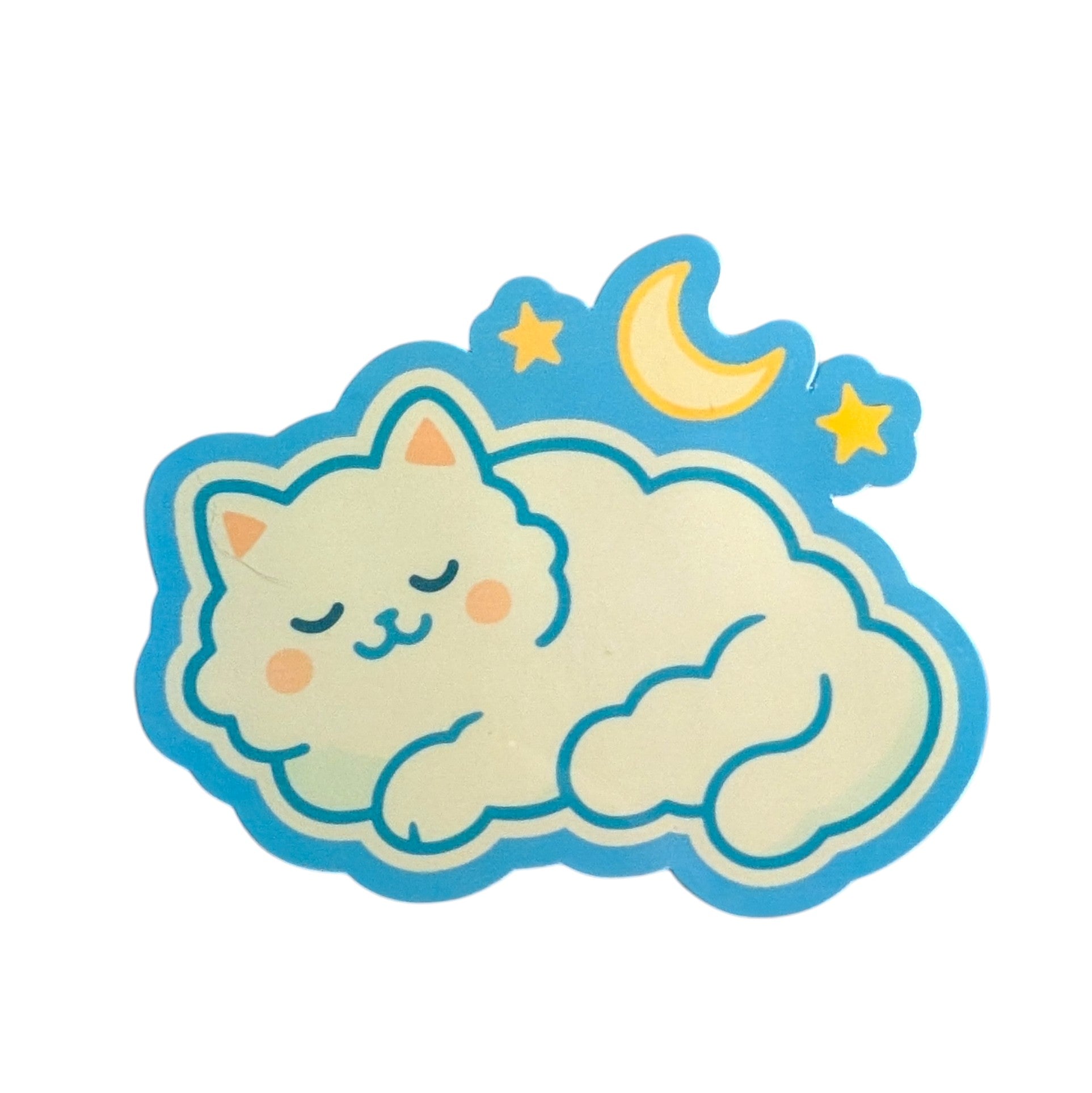 Cute cat illustration with a blue border, moon, and stars on a white background