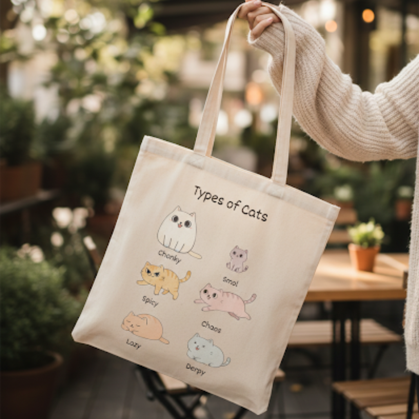 Tote bag with illustrations of cats and text held by a person outdoors.