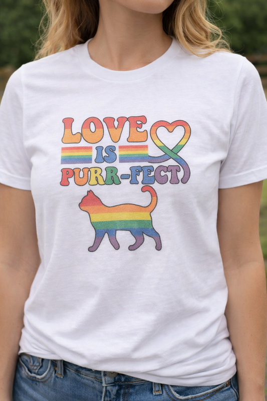 White t-shirt with rainbow cat graphic and 'Love is Purr-fect' text