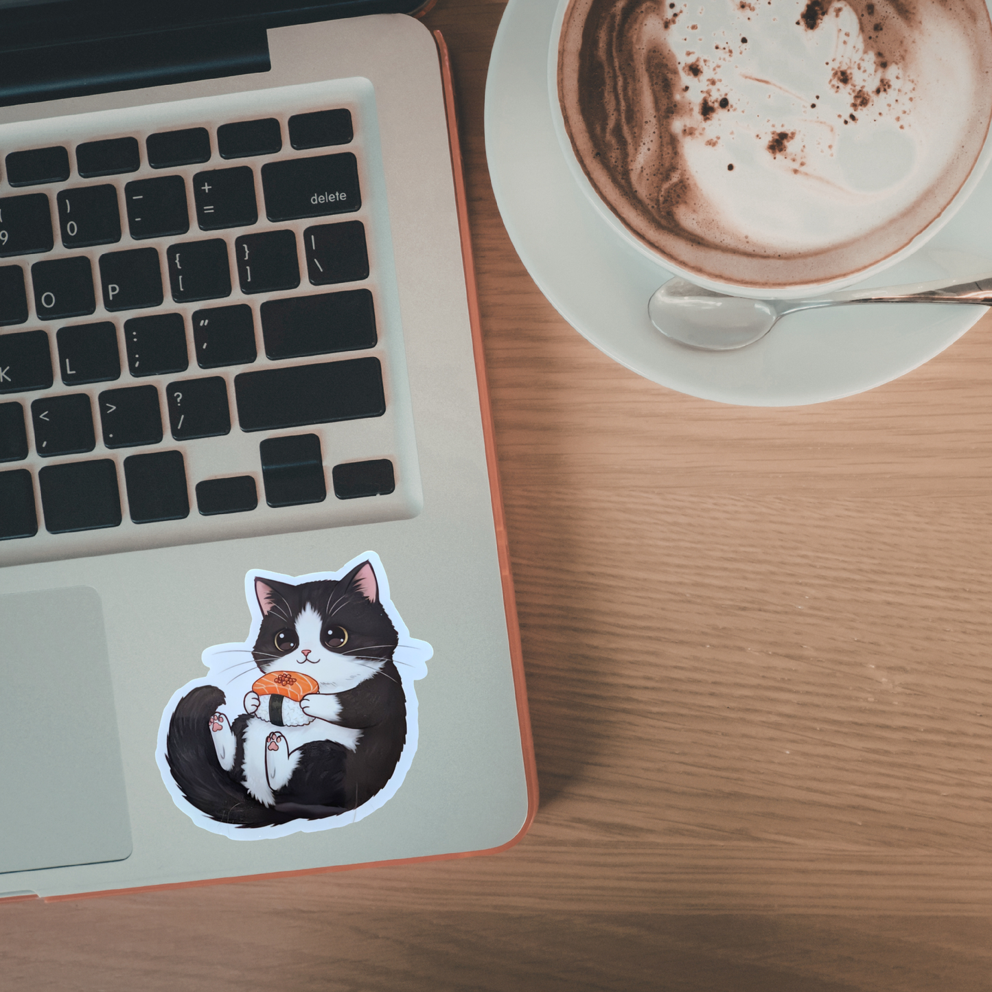 Laptop with a cat sticker on a wooden desk next to a cup of coffee.