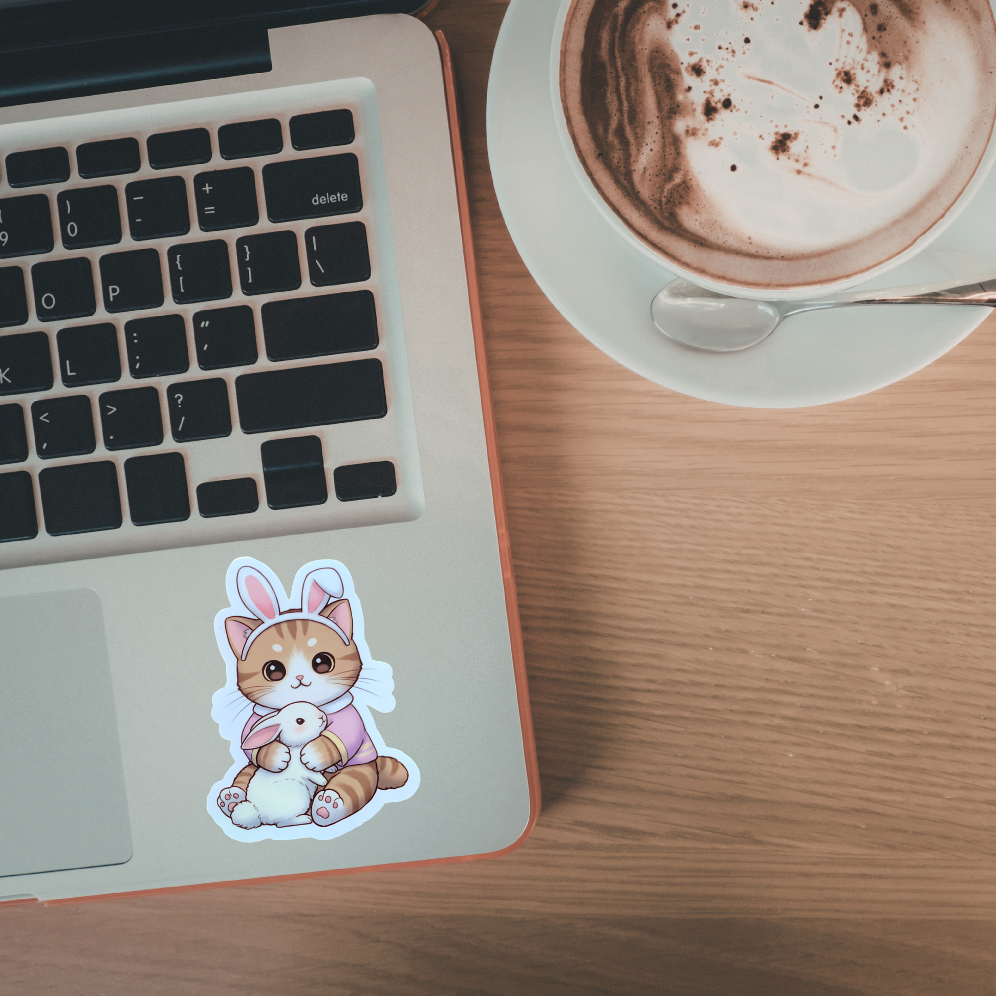 Laptop with a cute cat sticker on a wooden desk next to a cup of coffee.