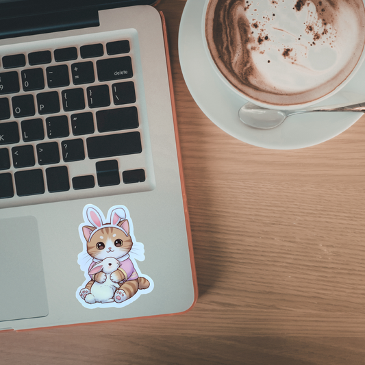 Laptop with a cute cat sticker on a wooden desk next to a cup of coffee.