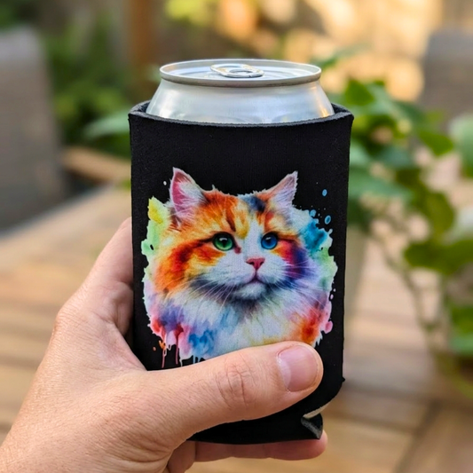 Hand holding a can cooler with a colorful cat design outdoors.