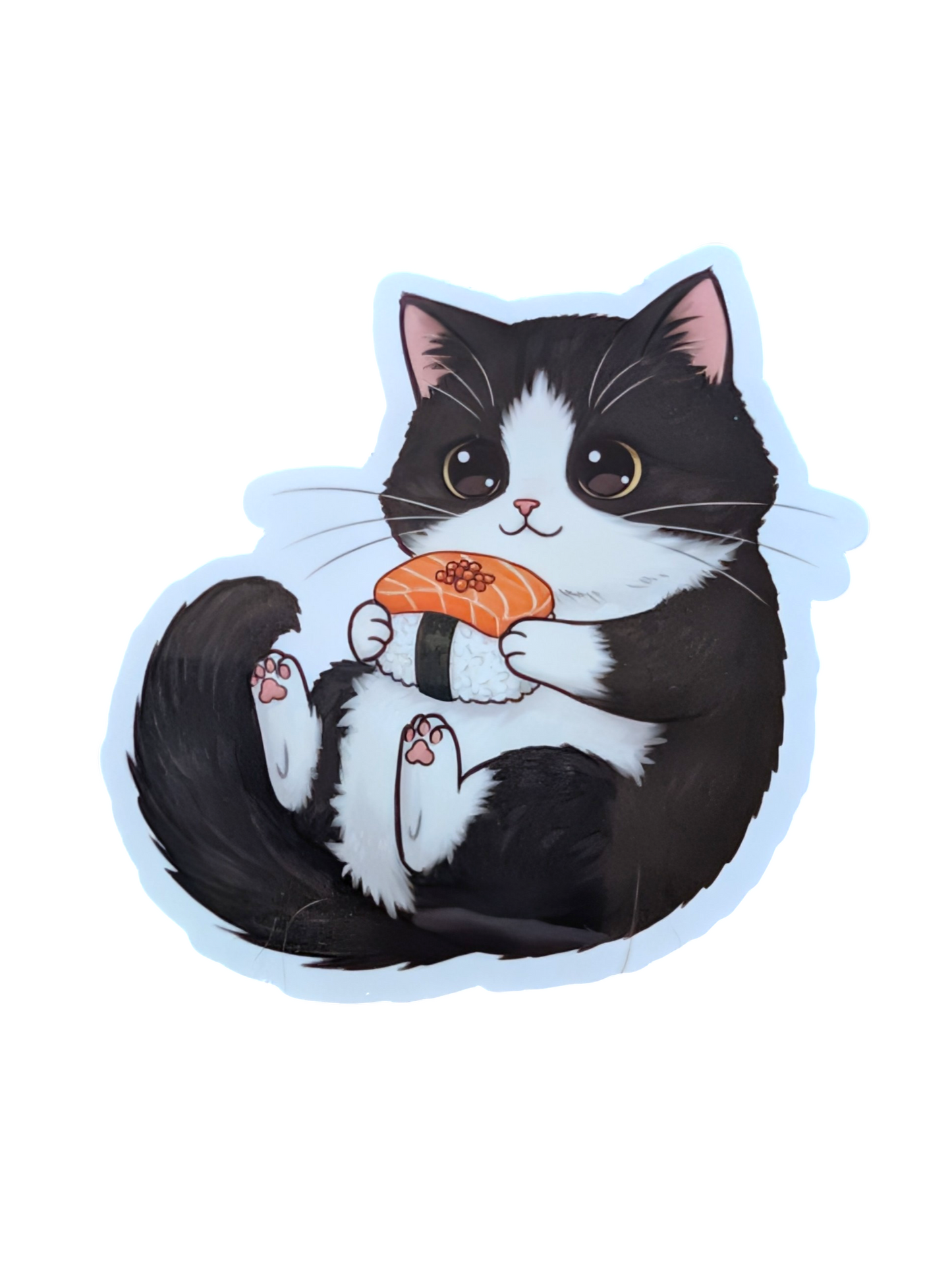 Illustration of a black and white cat holding sushi on a white background