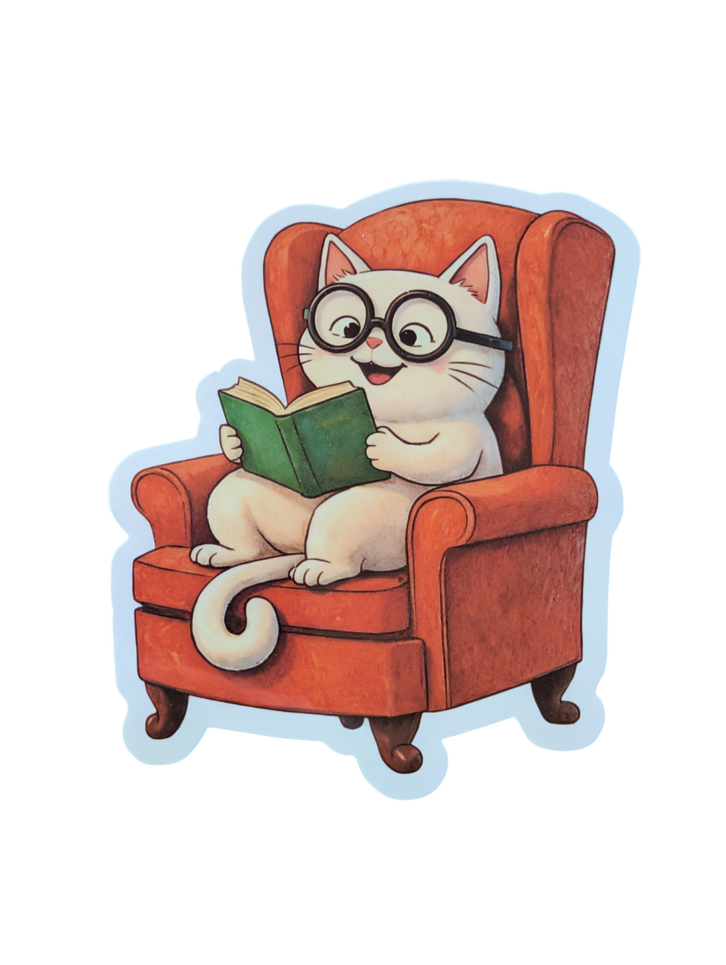 Cartoon cat wearing glasses and reading a book on an armchair with a white background