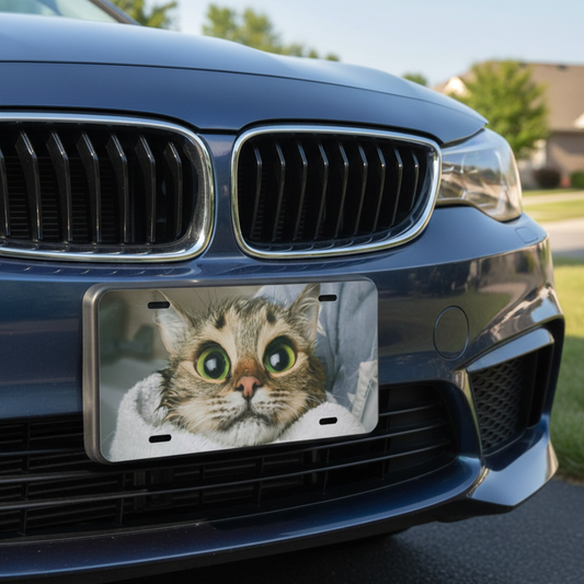 Car with a license plate featuring a cat's face on a street.