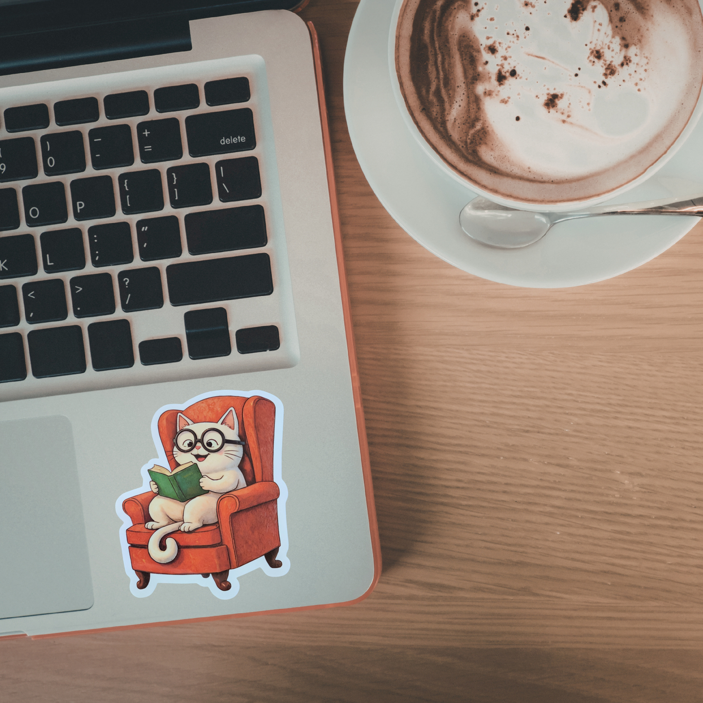 Laptop with a cat sticker on a wooden desk next to a cup of coffee