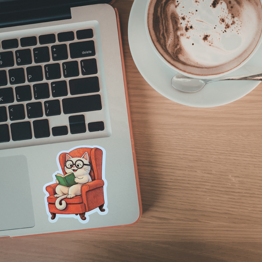Laptop with a cat sticker on a wooden desk next to a cup of coffee