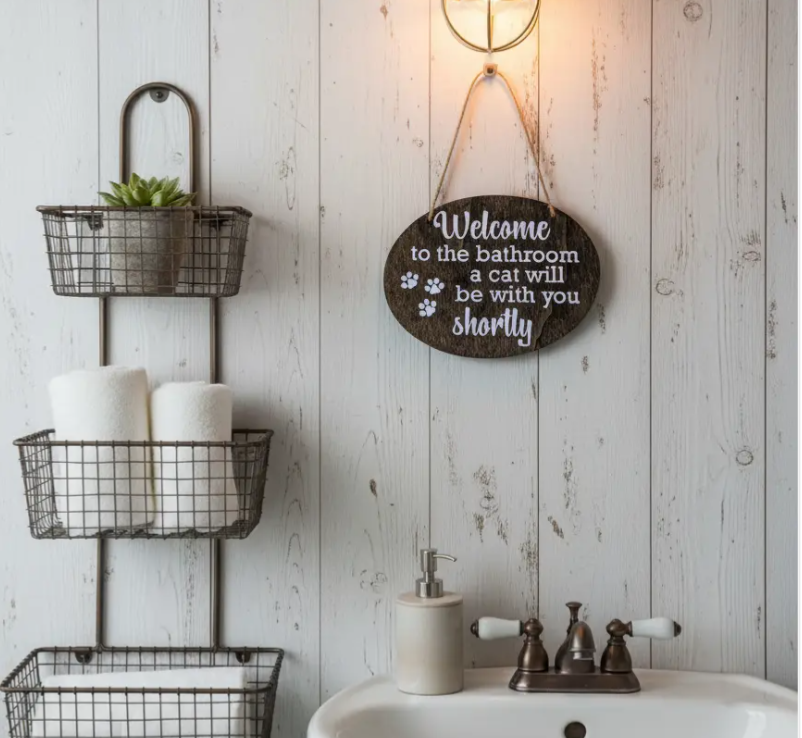 Welcome To The Bathroom - A Cat Will Be With You Shortly wood sign