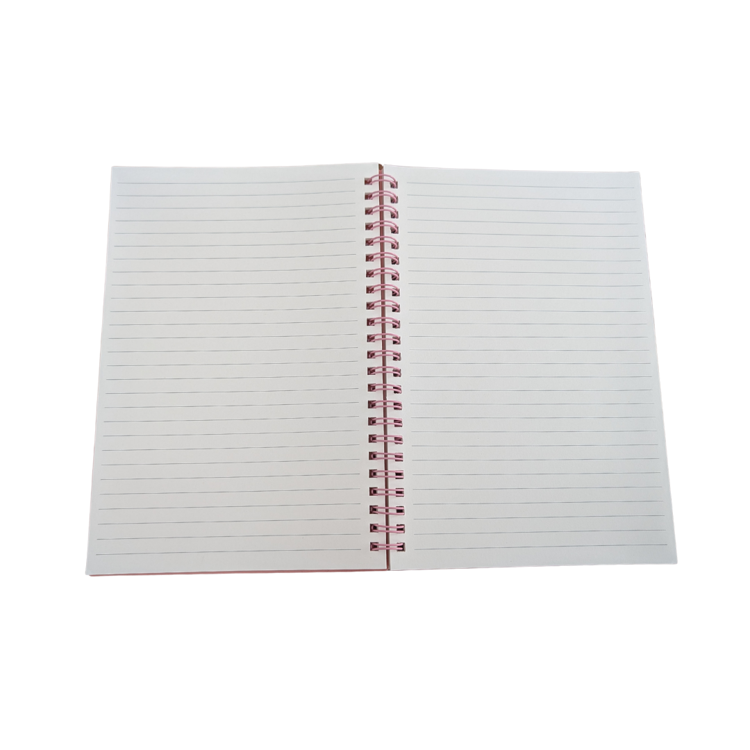 Open notebook with lined pages and a pink spiral binding on a white background