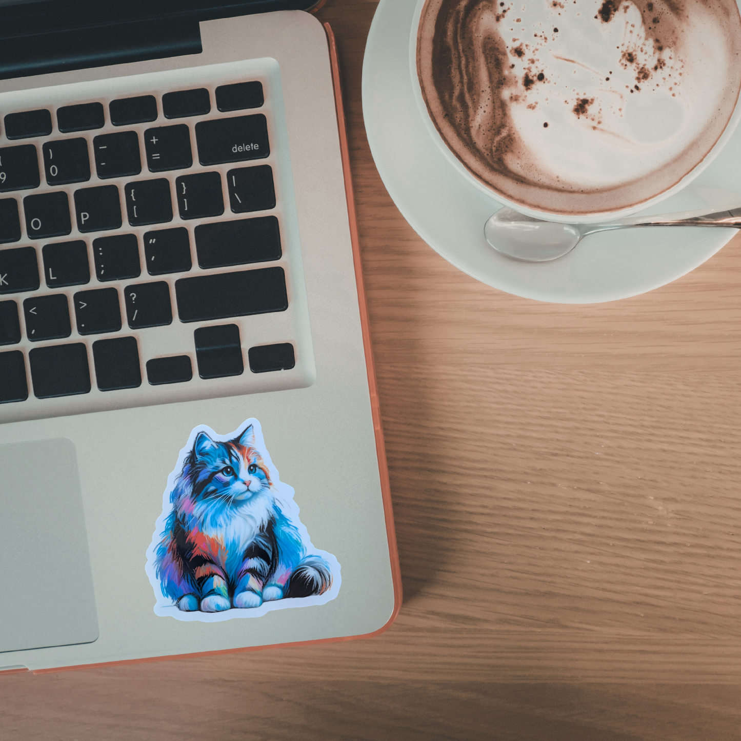 Laptop with a colorful cat sticker on a wooden desk next to a cup of coffee.