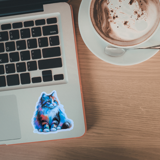 Laptop with a colorful cat sticker on a wooden desk next to a cup of coffee.