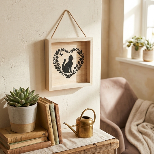 Decorative wall hanging with a cat silhouette in a heart wreath, books, and a potted plant on a wooden surface.