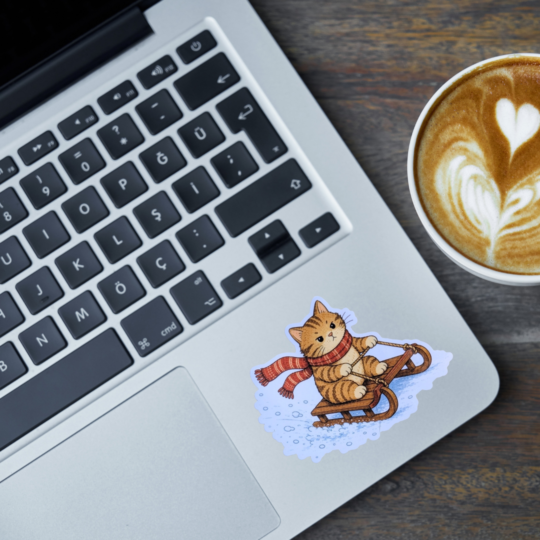 A die-cut sticker of an orange tabby cat wearing a red striped scarf and riding a wooden sled in the snow, placed on the palm rest of a silver laptop next to a cup of latte art coffee on a dark wooden table.