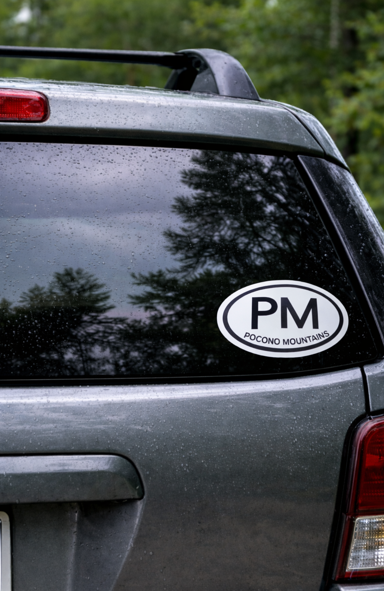 Car with a 'PM Pocono Mountains' decal on the back window, surrounded by trees.