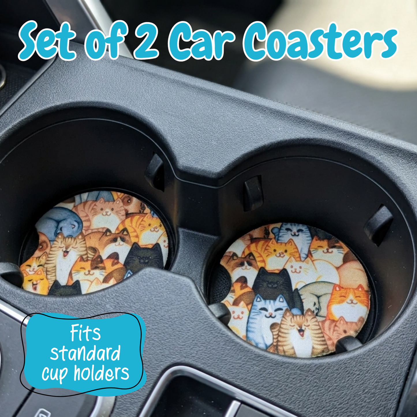Cute Cat Car Coasters Set of 2 – Neoprene Cup Holder Accessories for Cat Lovers