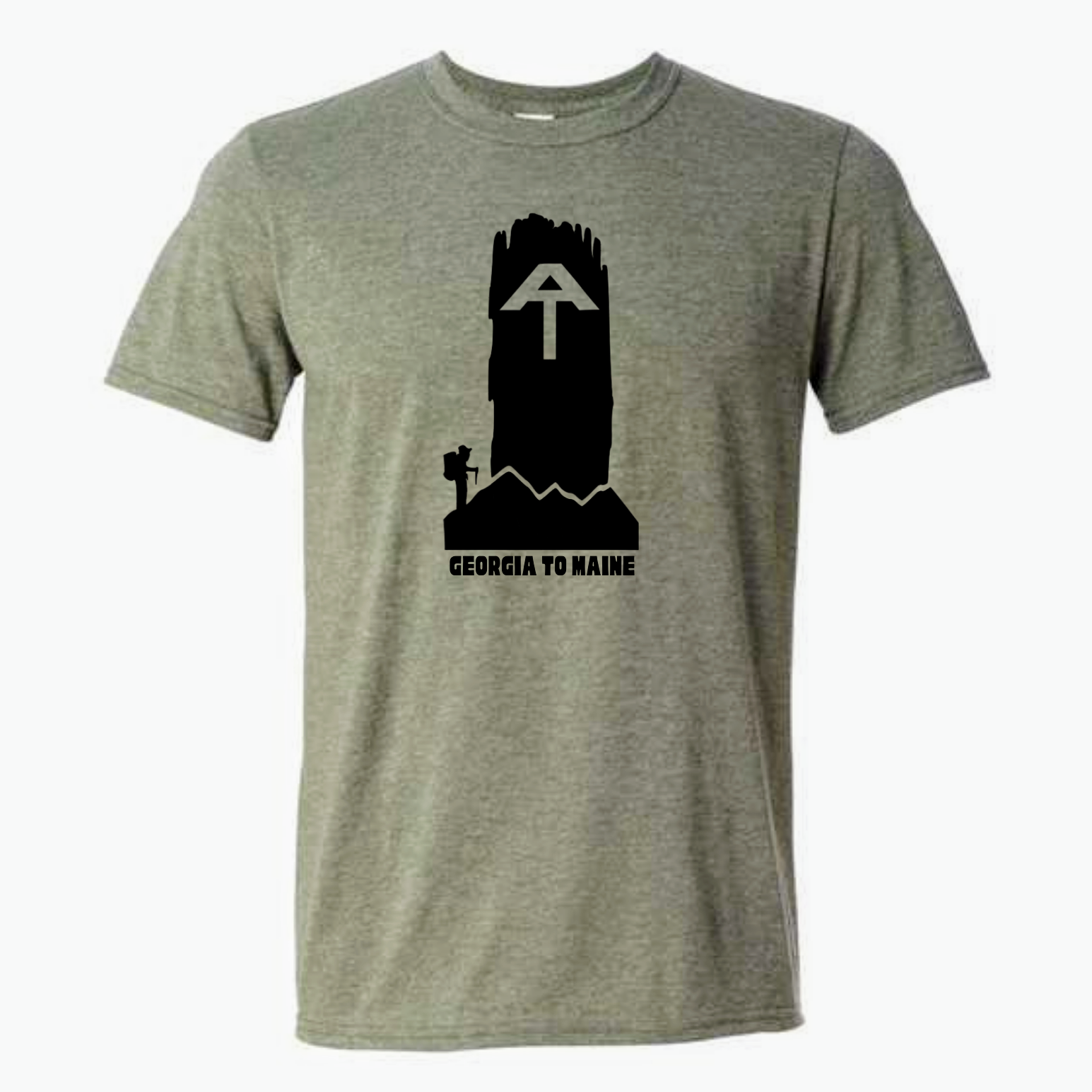 A military green t-shirt with a black graphic design featuring a silhouette of the Appalachian Trail Blaze marker and the text 'Georgia to Maine'.