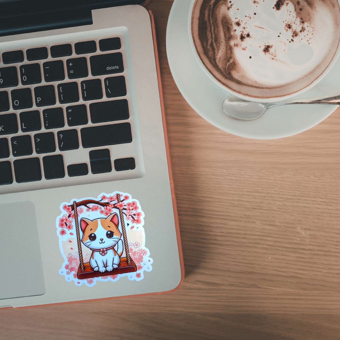 Laptop with a cat sticker on a wooden desk next to a cup of coffee.