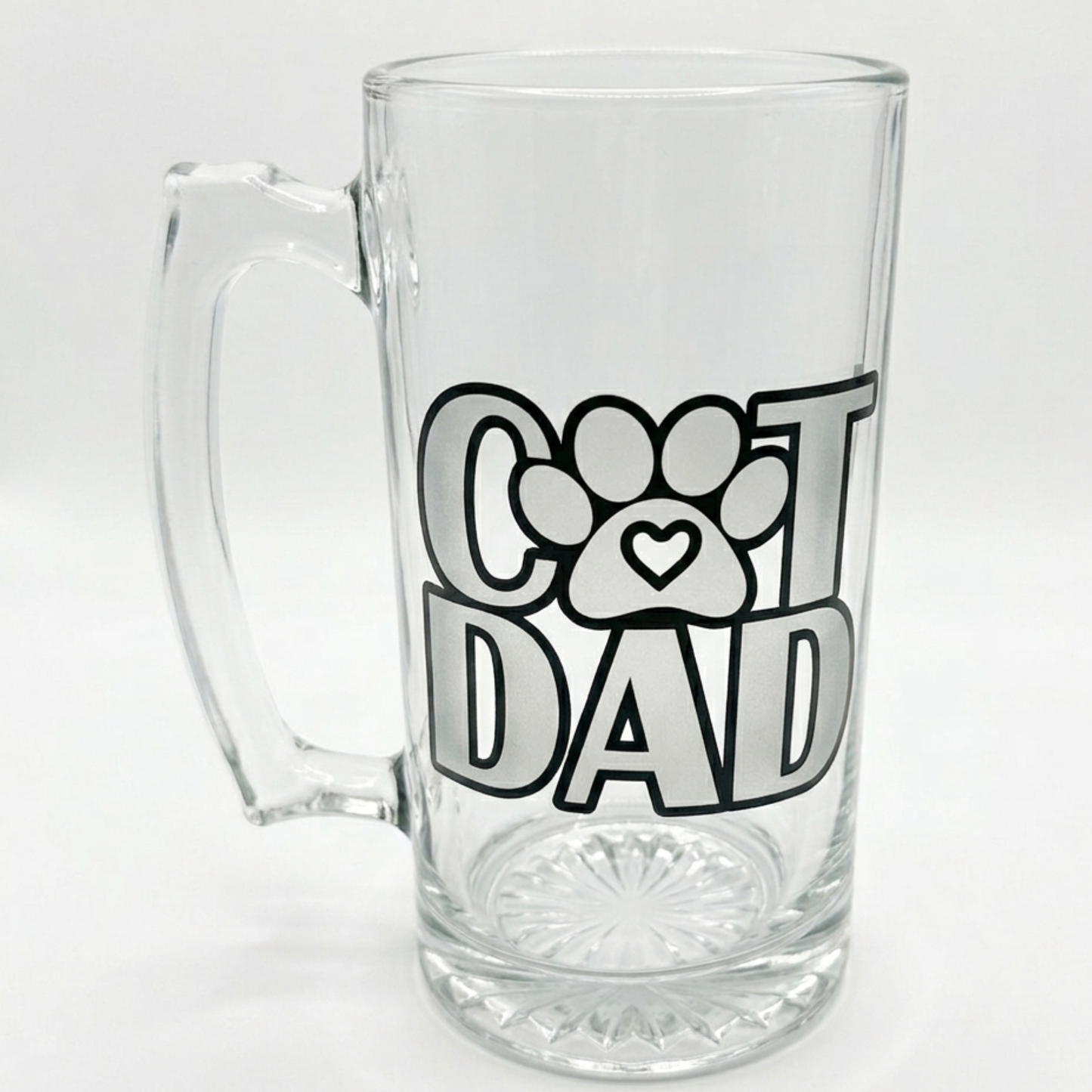 Clear glass mug with 'Cat Dad' design on a white background