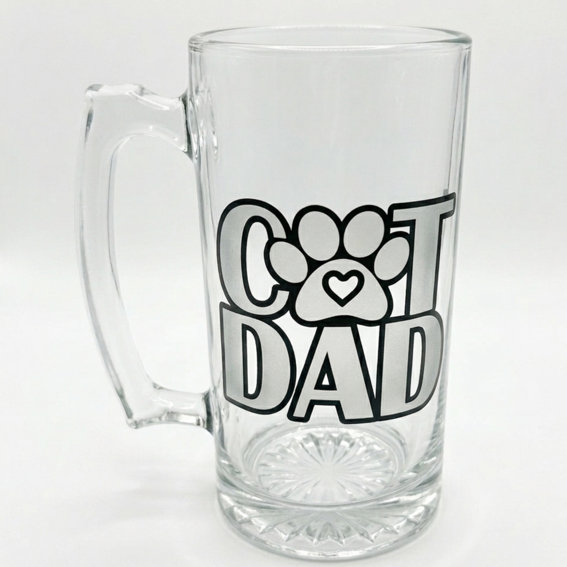 Clear glass mug with 'Cat Dad' design on a white background