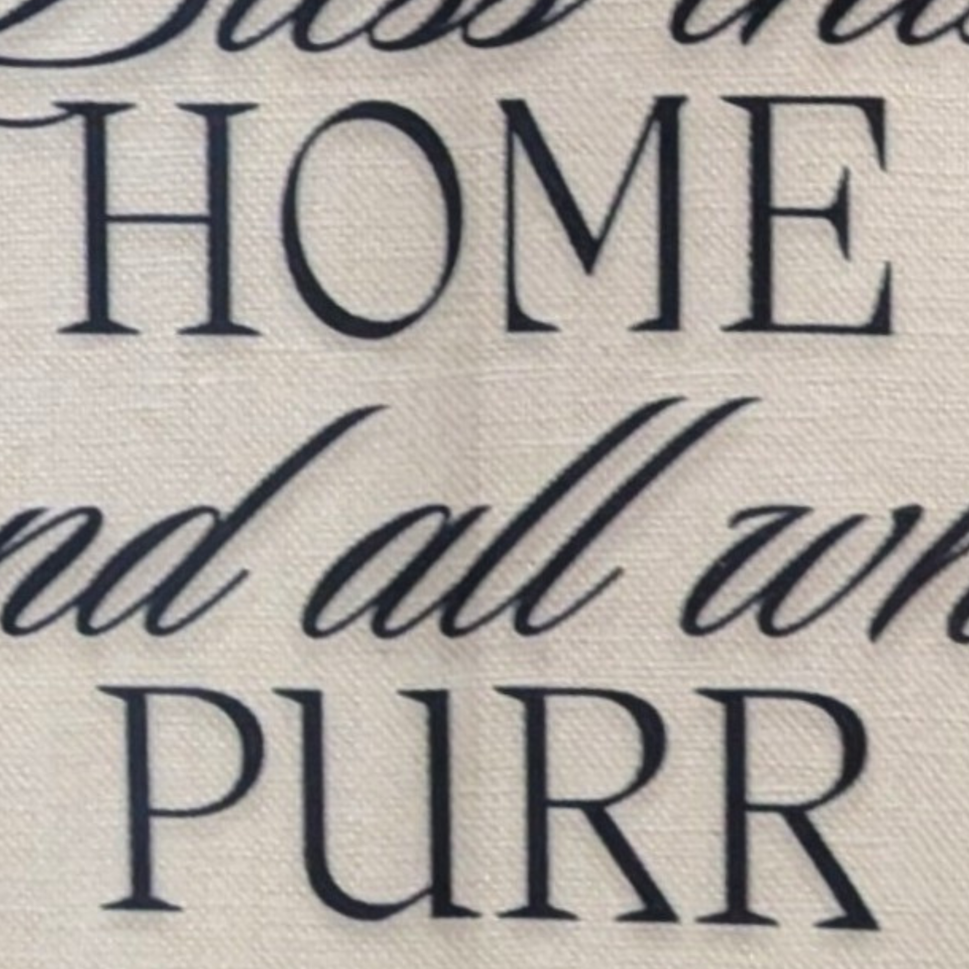 Close-up of a fabric surface with black text reading “HOME and all wh” on a light beige woven background.