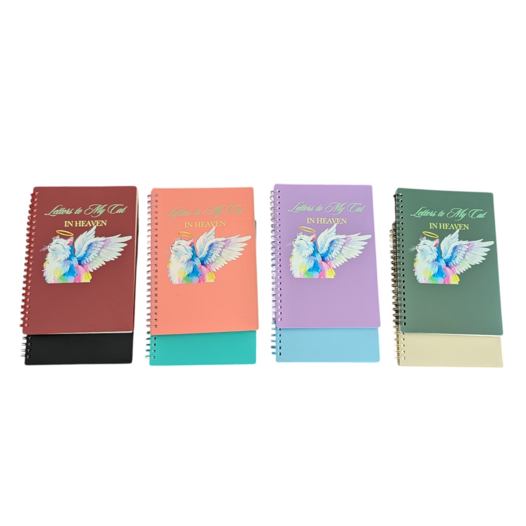  notebooks with colorful designs and text on a white background