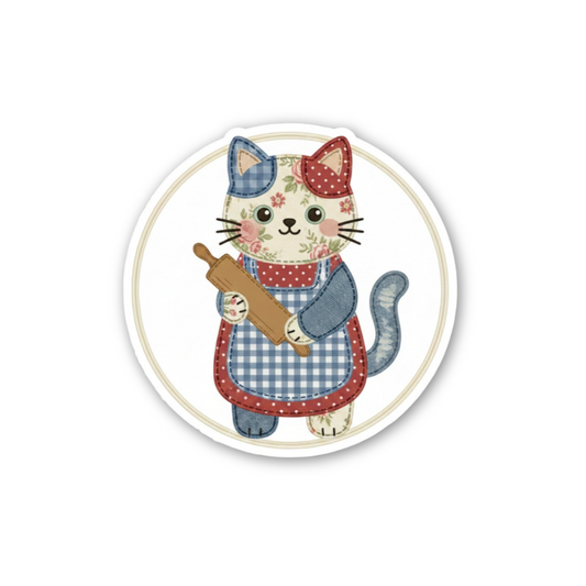 Sticker of a cat in a checkered apron holding a rolling pin on a white background