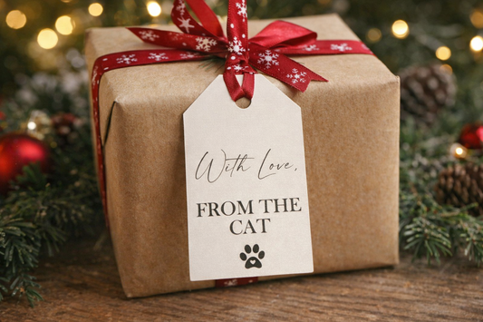 Gift box with a red ribbon and 'From the Cat' tag in front of a Christmas tree.
