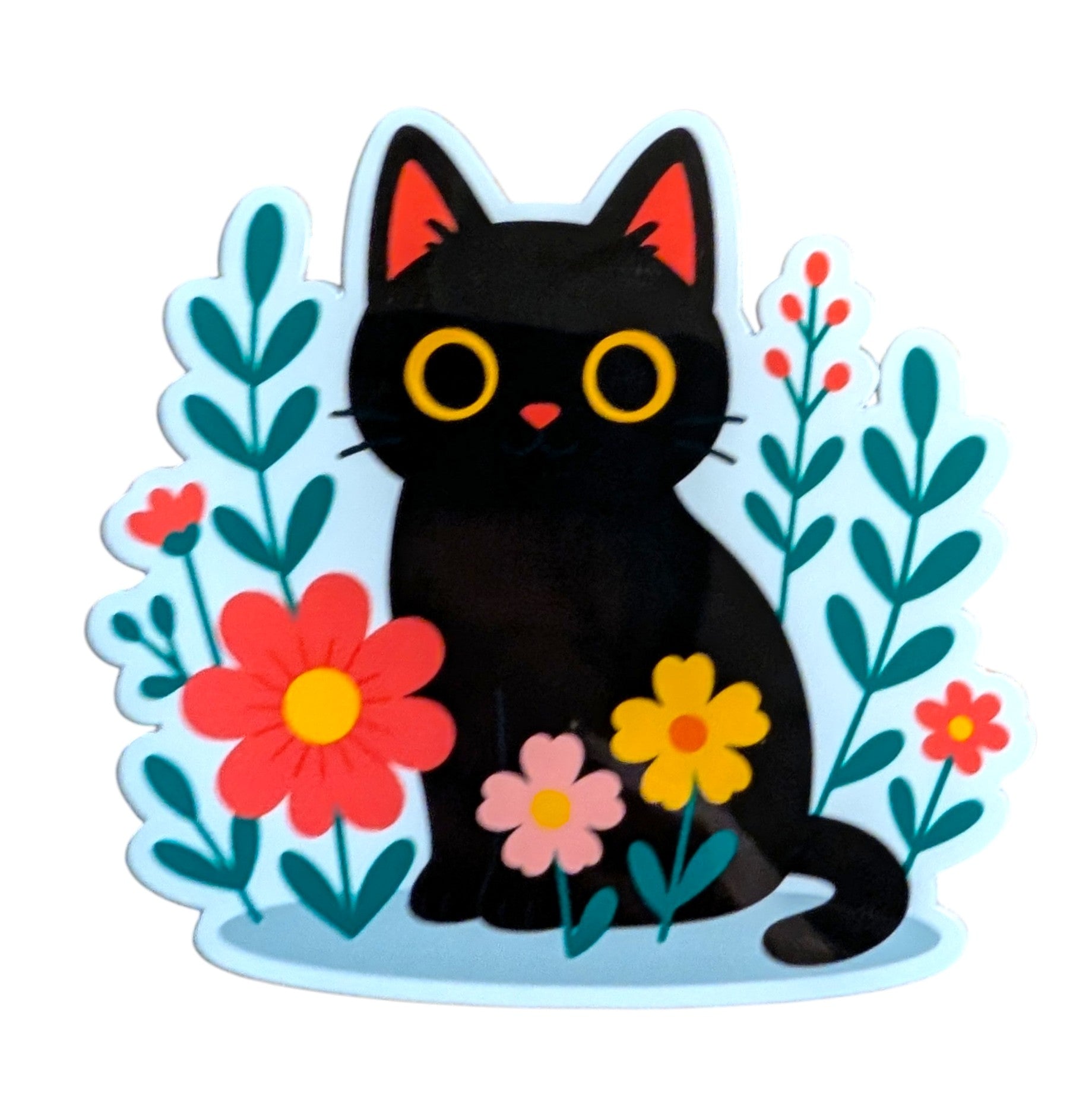 Sticker of a black cat surrounded by colorful flowers on a white background
