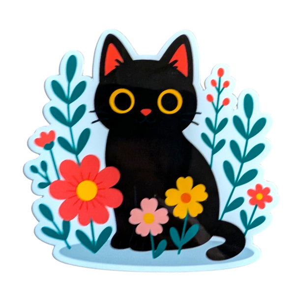 Black Cat Floral Sticker – Cute Spring Cat Vinyl Sticker