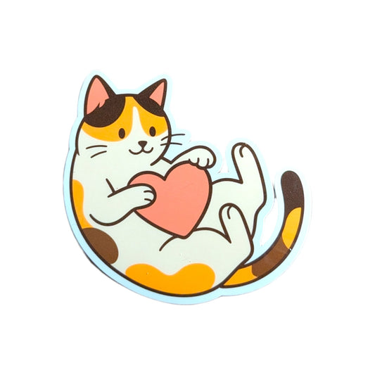 Playful Calico Cat Sticker – Cute Cat Playing With Heart Vinyl Sticker
