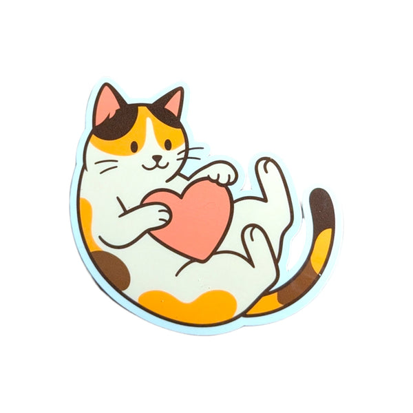 Playful Calico Cat Sticker – Cute Cat Playing With Heart Vinyl Sticker