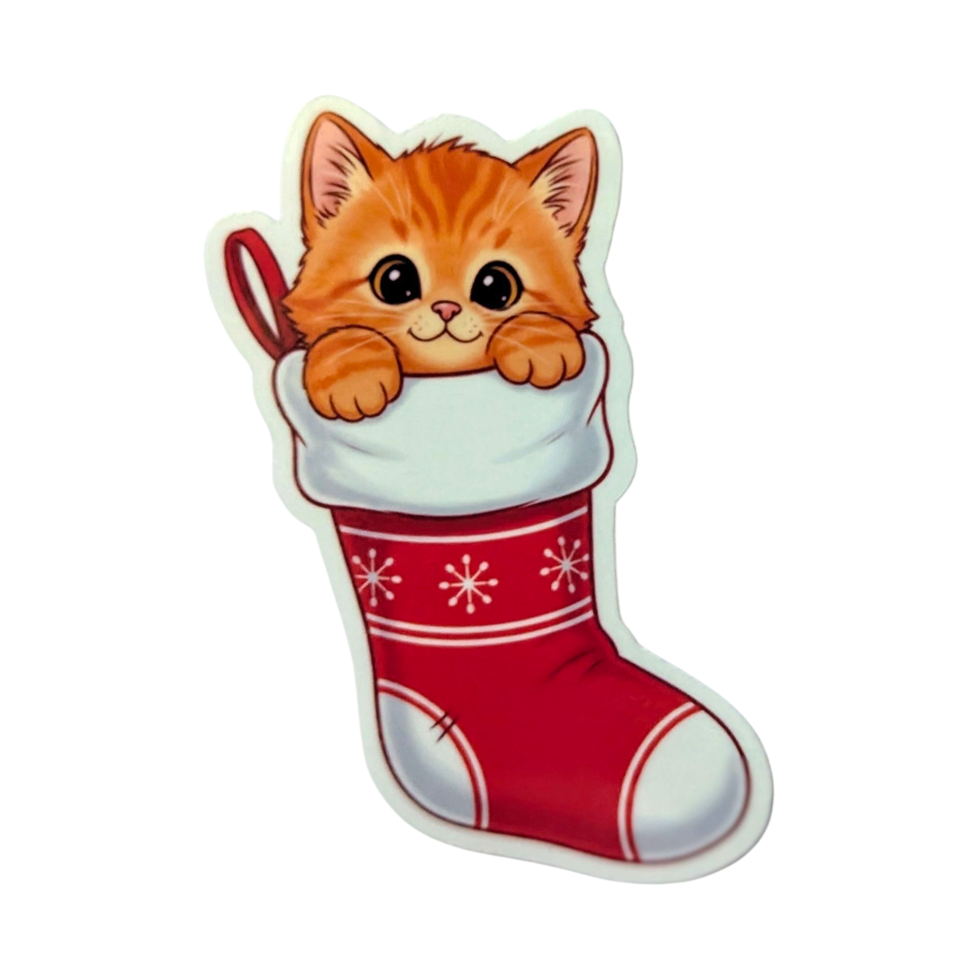 Sticker of a cute orange cat peeking out from a red Christmas stocking on a white background